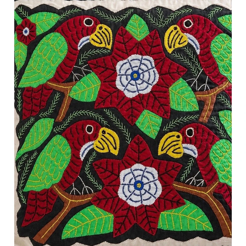 Handmade Mola Parrot Embroidery Pillow Tropical Folk Art Yellow Black 17